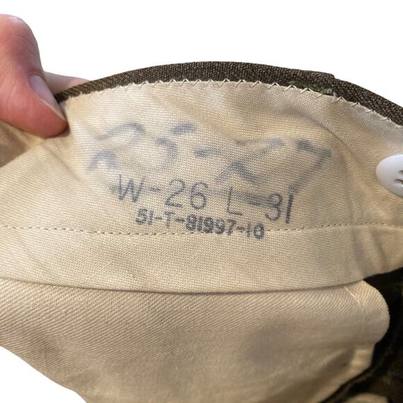 Vintage US Army 50s Olive Drab Green Button Fly High Waist Wide Leg Pants 25x27 - Picture 8 of 16